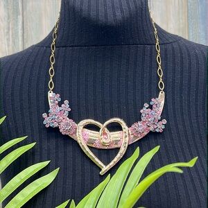 👑Adorned Crown Jewelry pink blue rhinestone heart bib necklace